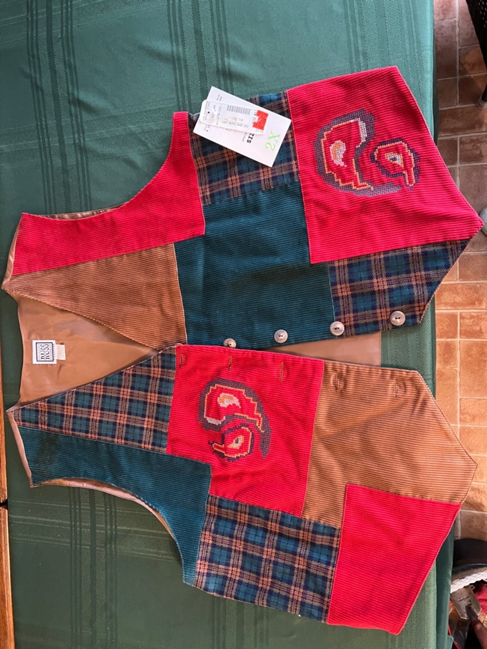 Vintage Women’s Patchwork Corduroy Vest — Red, Green & Brown